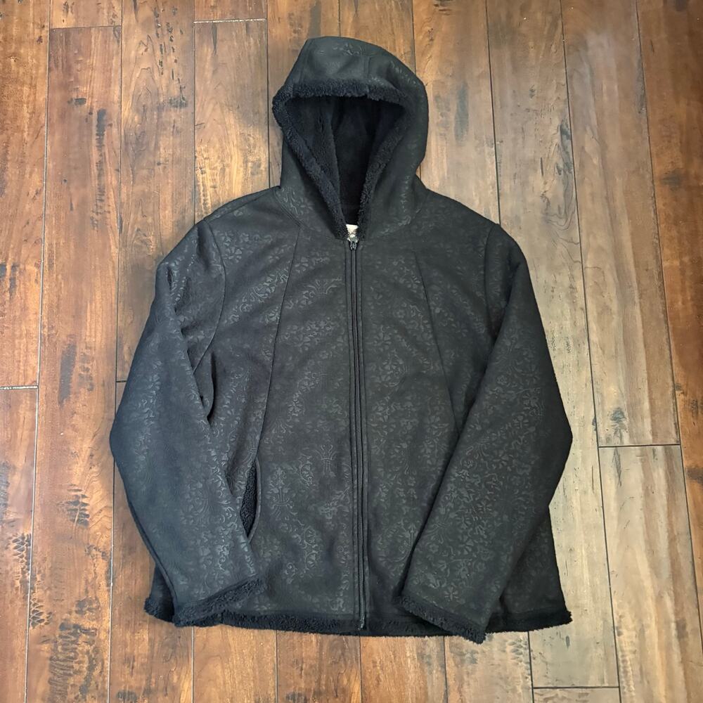 Y2K Faded Glory Full Zip Hoddie Womens XXL Black Faux Fur Regal AOP Emo Grunge
